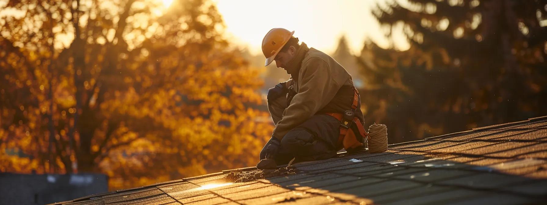 a detailed view of a well-maintained rooftop showcasing an inspection professional examining the roof’s surface while surrounded by clean gutters and properly managed overhanging trees, emphasizing the importance of proactive roof management.
