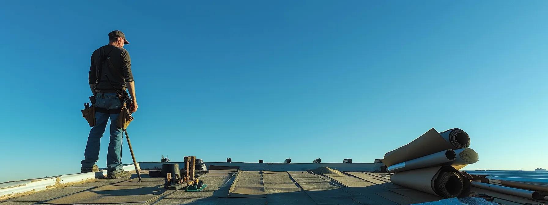 a professional roofing contractor stands on a steeply pitched roof with advanced tools and various roofing materials neatly arranged on the surface, showcasing the complexity and craftsmanship involved in estimating local roof replacement costs against a clear blue sky.