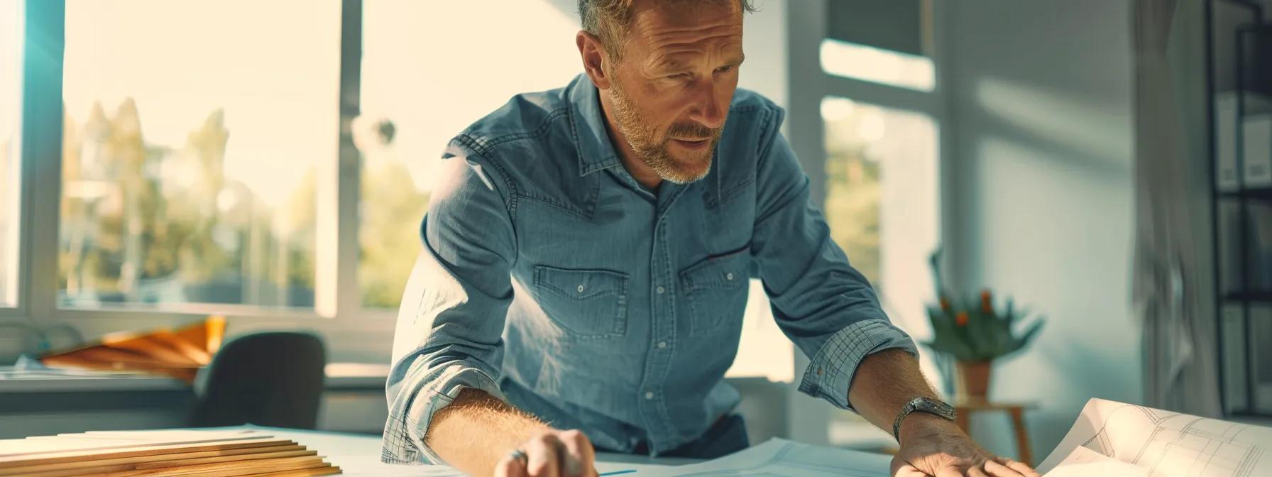 a professional roofing contractor meticulously discusses the installation process with a homeowner in a modern office setting, surrounded by detailed blueprints and samples, showcasing the importance of workmanship warranties for ensuring quality roofing.