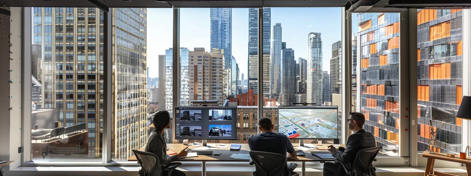 a dynamic urban office setting showcases a team of licensed roof repair specialists engaged in an animated discussion over project blueprints, emphasizing their expertise and commitment to local building codes amid a backdrop of city skyscrapers.