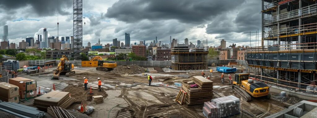 a bustling urban construction site under dramatic, overcast skies, showcasing workers evaluating roofing materials and discussing costs amidst stacks of supplies and heavy equipment, emphasizing the urgency of emergency repairs.