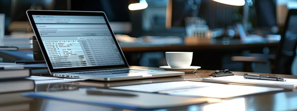 a close-up of a meticulously organized office desk, featuring a laptop displaying a digital claim document and a clipboard with clear inspection notes, illuminated by focused overhead lighting to emphasize the importance of documentation in maximizing insurance payouts.