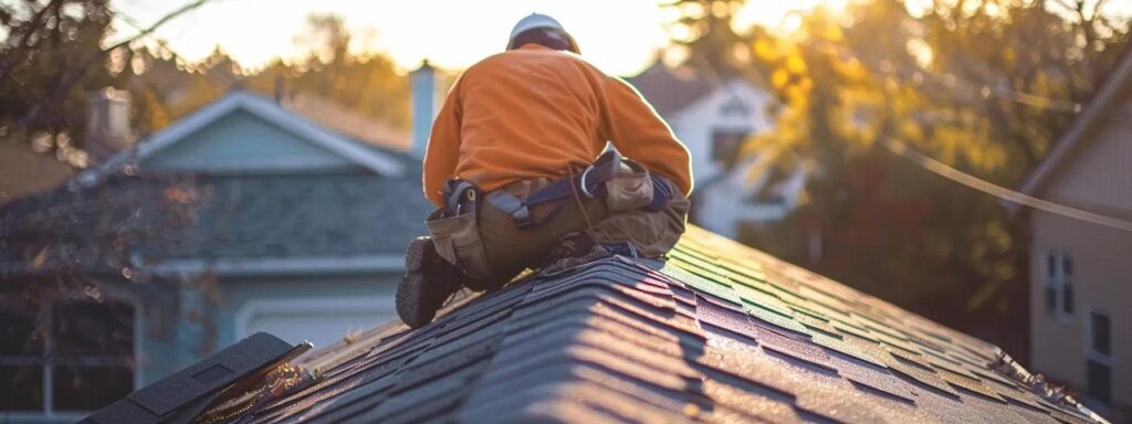a detailed close-up of a contractor inspecting a damaged roof, highlighting missing shingles and structural flaws against a backdrop of an urban setting, illuminated by bright overhead work lights to emphasize the complexity and urgency of the repair process.