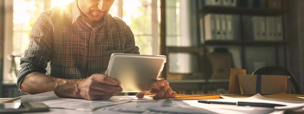 a focused shot of a professional contractor meticulously reviewing roofing credentials on a digital tablet in a modern office, surrounded by organized paperwork and industry certifications, conveying an atmosphere of diligence and expertise.