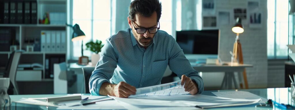 a focused business professional reviews detailed roof repair quotes at a sleek, modern office desk, surrounded by digital tools and architectural plans, highlighting the importance of thorough assessment in procurement decisions.