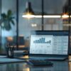 a focused, modern office workspace showcases a sleek laptop displaying roofing project financing options, with papers and a calculator arranged nearby, all illuminated by bright overhead lighting that emphasizes a professional atmosphere.