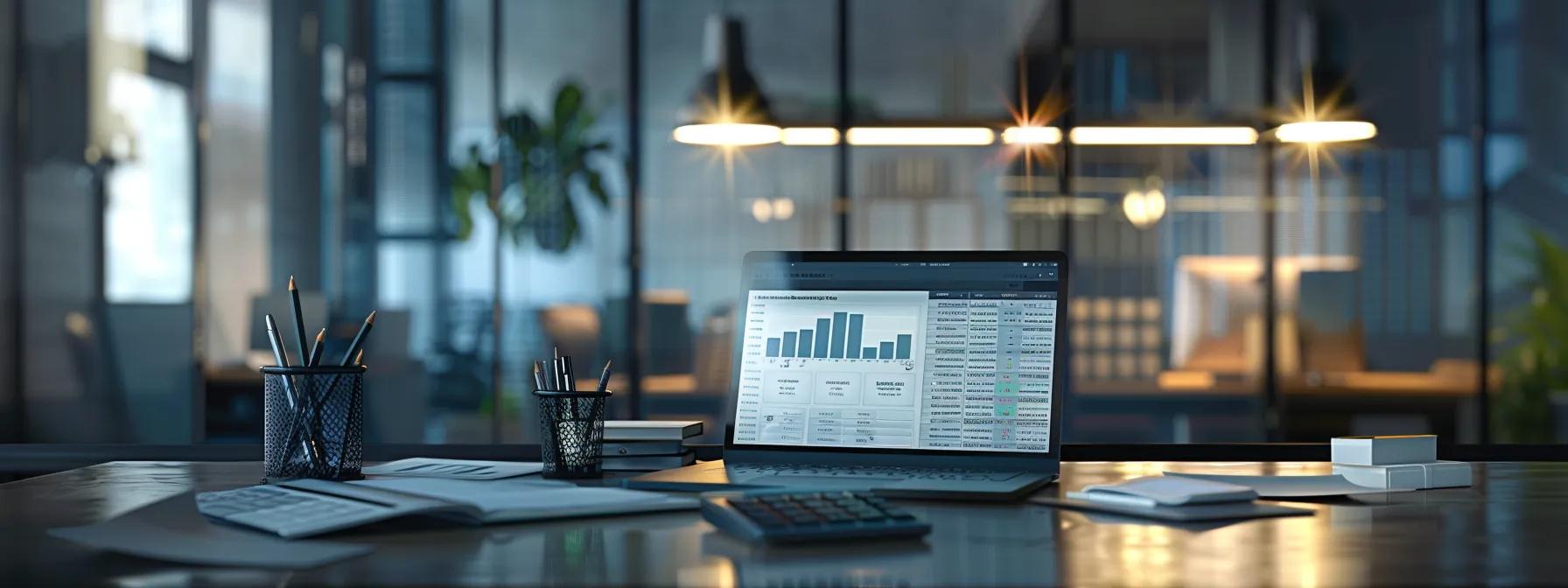 a focused, modern office workspace showcases a sleek laptop displaying roofing project financing options, with papers and a calculator arranged nearby, all illuminated by bright overhead lighting that emphasizes a professional atmosphere.