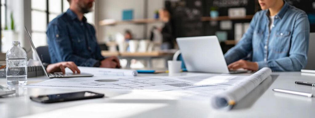a focused moment in a modern office, featuring a well-organized meeting table with blueprints and a laptop open to a video call, as a professional discusses roofing project funding with a contractor, conveying urgency and collaboration.