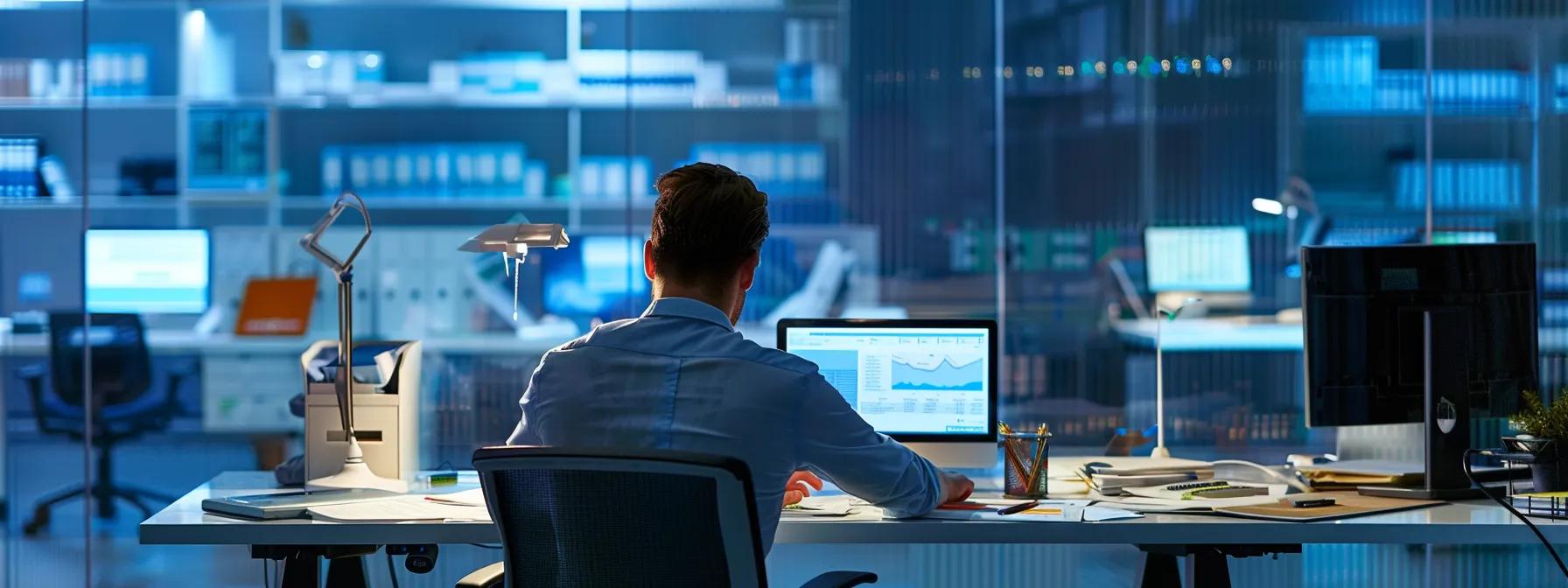 a focused office environment showcases a professional seated at a sleek desk, meticulously comparing vibrant roof repair quotes spread out on a digital tablet and printed documents, illuminated by clear overhead lighting that emphasizes the detail and clarity of each proposal.
