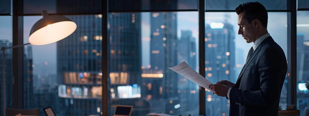 a focused office scene depicts a professional reviewing an insurance policy document, illuminated by bright overhead lights, emphasizing the critical details about coverage for roof storm damage amidst a backdrop of modern office furniture and a large window showcasing an urban skyline.