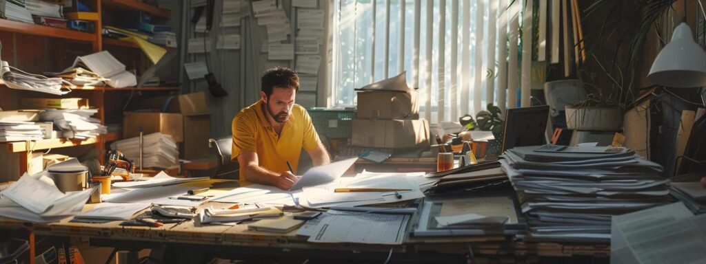 a focused office setting portrays a concerned homeowner reviewing a detailed contractor invoice, surrounded by construction materials, highlighting the hidden costs of emergency roof repairs amidst stacks of paperwork and empty coffee cups.