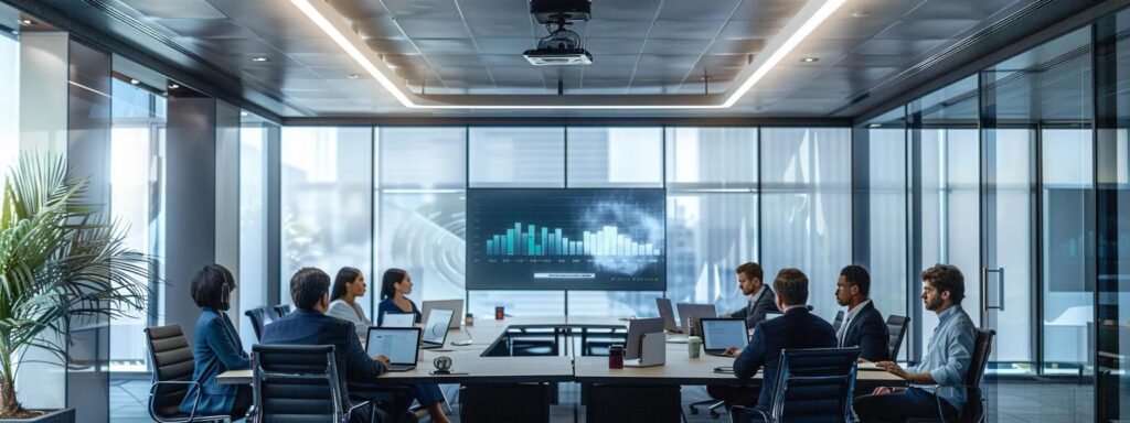 a modern office interior showcases a professional meeting room where diverse contractors discuss innovative financing options for a roofing project, illuminated by sleek overhead lights and featuring a digital presentation detailing alternative funding methods.
