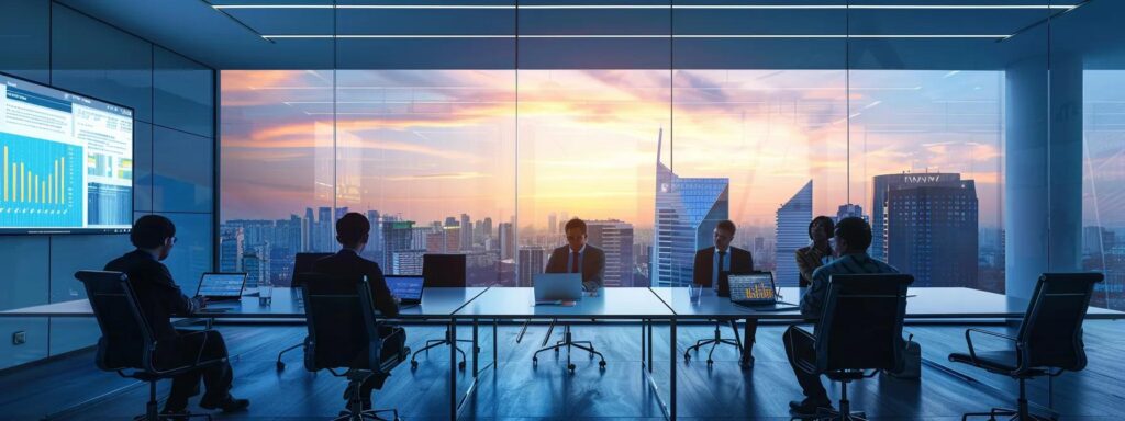 a modern office setting showcases a serious discussion about financing options for roofing projects, featuring a sleek conference table, laptops displaying detailed financial charts, and a large window revealing an urban skyline, all under bright, focused lighting to emphasize professionalism.