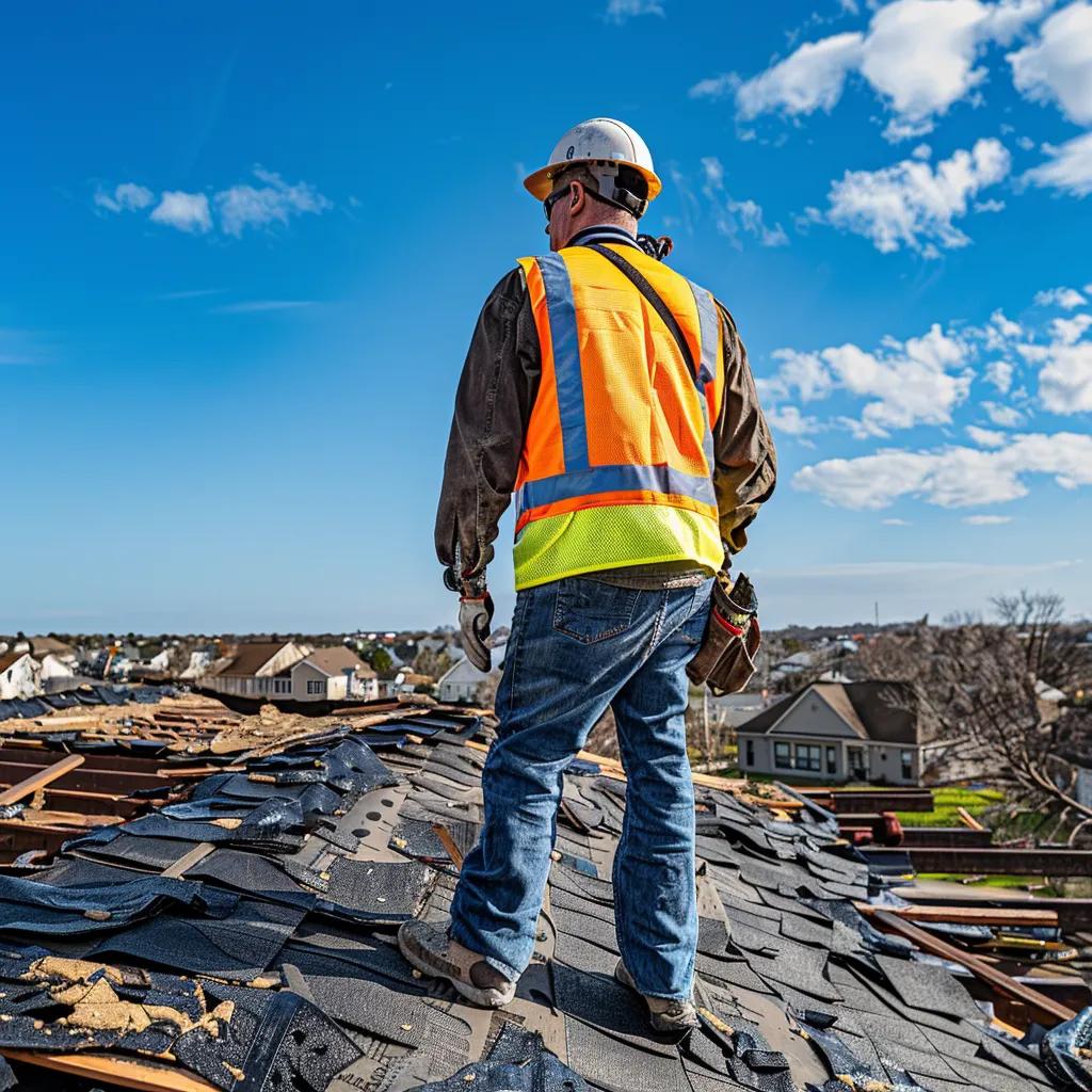 a professional contractor inspects a damaged roof under a clear blue sky, surrounded by a cityscape, emphasizing the contrast between the storm's aftermath and the insurance coverage discussion.