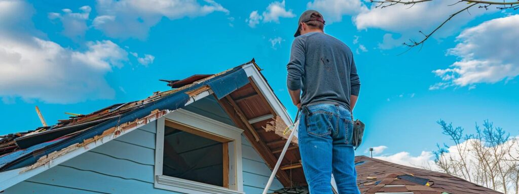 a professional contractor meticulously inspects a damaged roof on a suburban home under a clear blue sky, showcasing the meticulous process of storm damage assessment and repair planning.