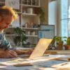 a professional contractor reviews roof repair estimates in a modern office, surrounded by detailed charts and materials highlighting average storm damage costs, capturing the essence of informed decision-making for homeowners.