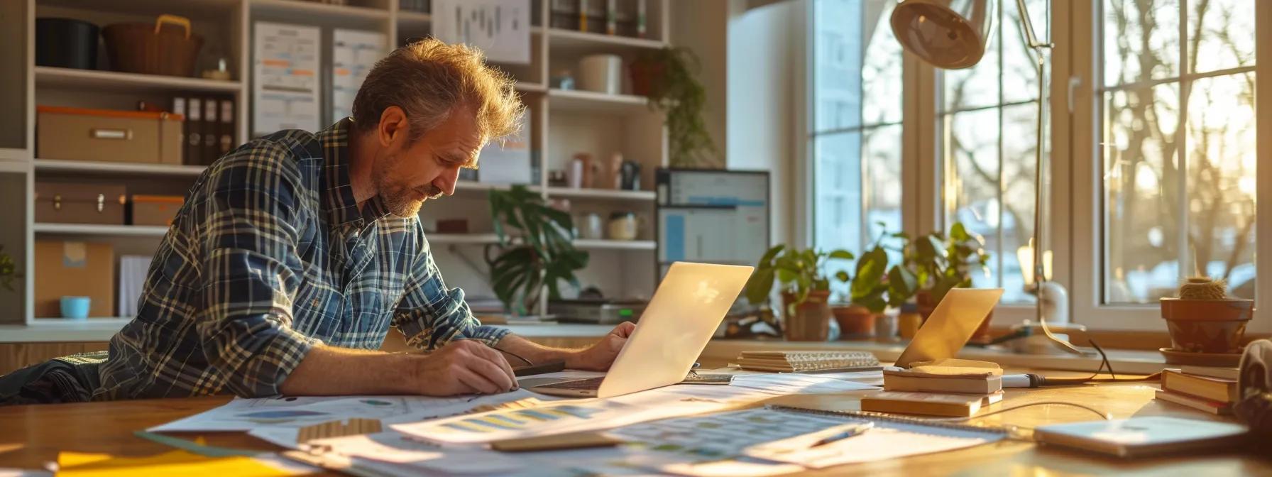 a professional contractor reviews roof repair estimates in a modern office, surrounded by detailed charts and materials highlighting average storm damage costs, capturing the essence of informed decision-making for homeowners.