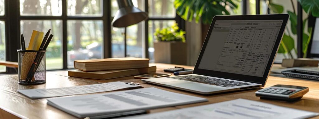 a professional office setting featuring an open laptop with an interactive permit application on the screen, surrounded by neatly arranged paperwork and a calculator, symbolizing the complexities and expenses of navigating building permit requirements.