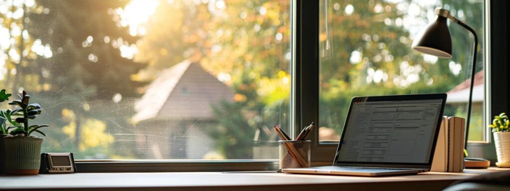 a professional office setting with an open laptop displaying a homeowners insurance policy on the screen, while a close-up view showcases a weathered roof through a large window, emphasizing the theme of storm damage repair coverage.