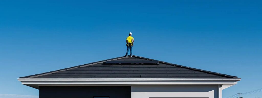 a professional roofer, confidently surveying a recently completed, high-quality roofing installation on a modern suburban home, with a clear blue sky above, highlighting the reliability and expertise associated with verified licensed contractors.
