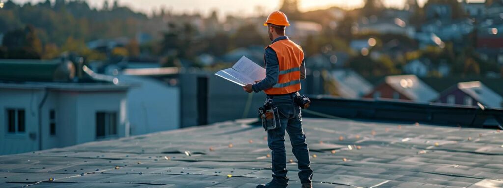 a professional roofer stands confidently on a sleek urban rooftop, scrutinizing comprehensive insurance documents under the glow of overhead lights while surrounded by tools and roofing materials, conveying the importance of proper insurance in ensuring project safety.