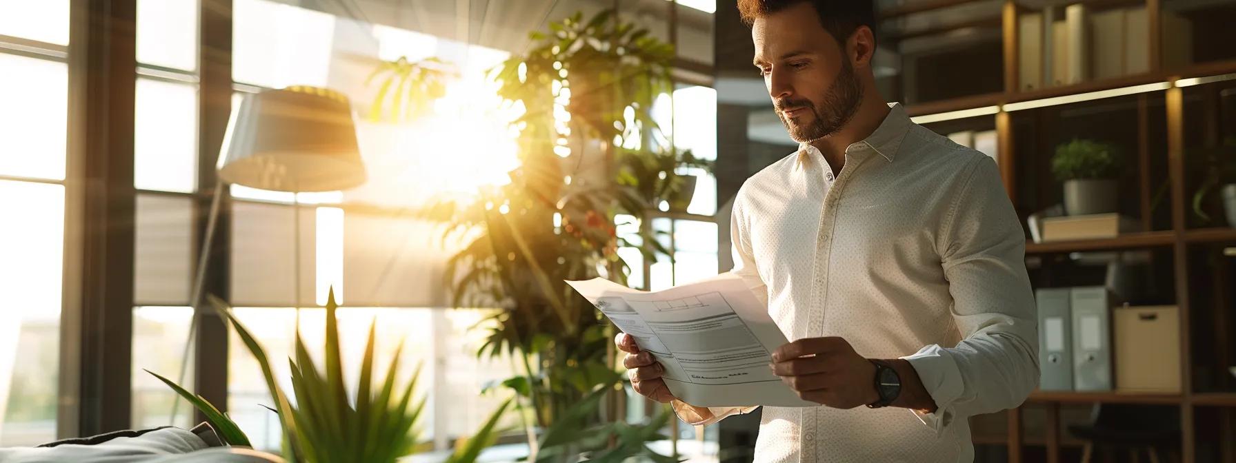 a sleek, modern office with a confident homeowner reviewing a detailed checklist on a tablet, surrounded by professional roofing documents, emphasizing the importance of verifying a roofer's credentials.