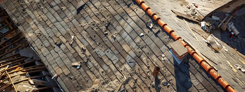 a weathered roof with visible wind and hail damage, alongside tools and materials for repair, is prominently displayed in a bustling urban construction site, highlighting the complexities and costs associated with storm damage restoration.