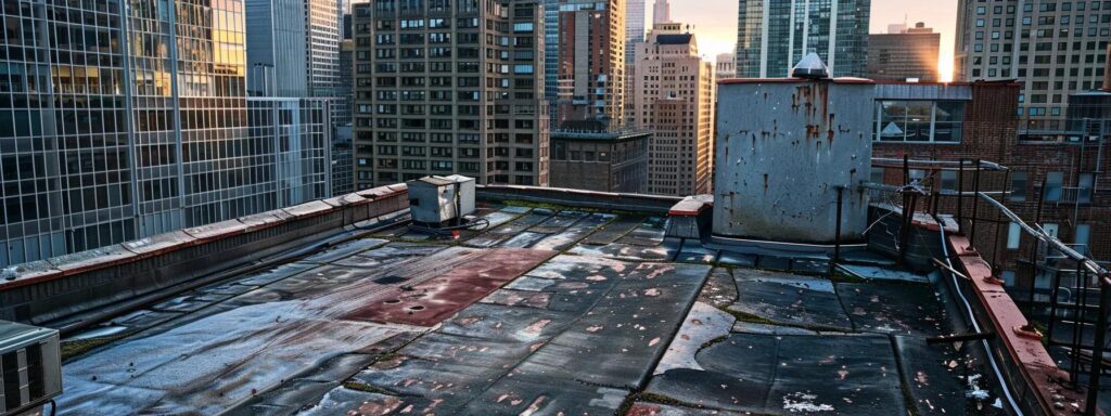 a close-up of a commercial building's rooftop displaying visible signs of damage, including water stains and cracked roofing material, set against a stark urban skyline to emphasize the importance of regular inspections and maintenance.