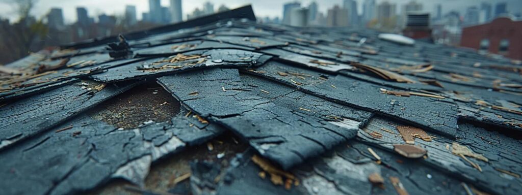 a close-up view of a weathered rooftop highlighting visible cracks and damaged shingles, set against a stark urban skyline, emphasizes the urgent need for repairs due to energy inefficiencies.
