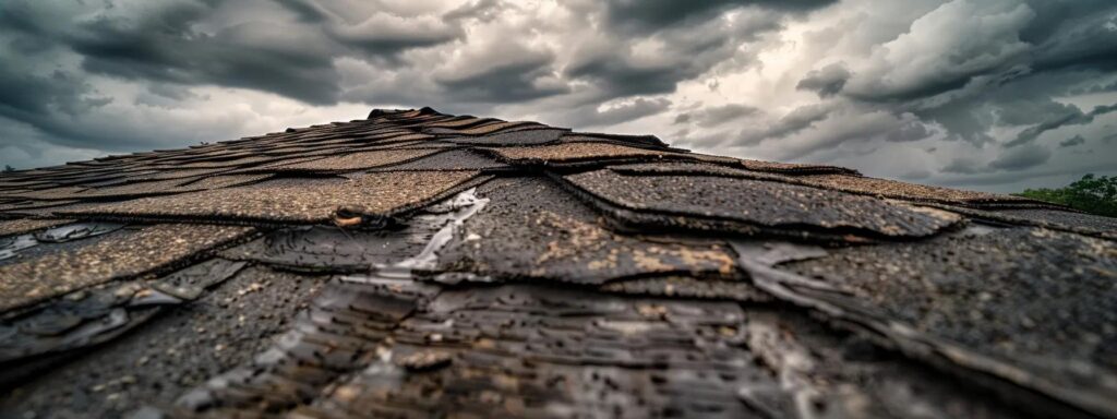 a close-up view of an asphalt roof in new jersey, showcasing distinct signs of wear such as curled edges and missing shingles, under the dramatic lighting of a cloudy sky, emphasizing the urgency of timely repairs.