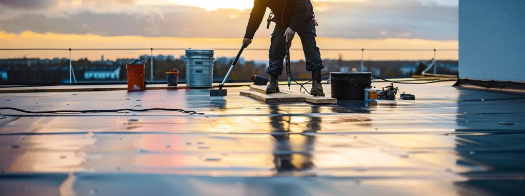 a modern commercial rooftop repair scene showcases a skilled technician expertly applying a durable sealant to a blistered area, surrounded by various roofing materials and tools, under a bright, focused work light illuminating the task at hand.