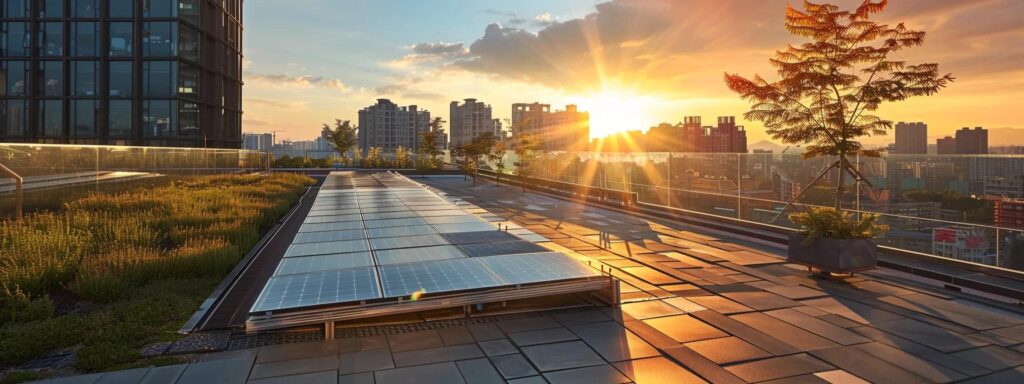 a modern urban rooftop showcases an innovative solar-integrated roofing system, seamlessly blending sleek photovoltaic panels with traditional materials, bathed in vibrant sunlight that highlights the potential for energy efficiency and sustainability.