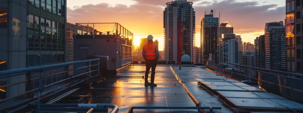 a professional inspector examines a commercial roof's membrane and drainage system, surrounded by urban high-rises, under dramatic lighting that highlights the intricate details of the roof's wear and structural components.