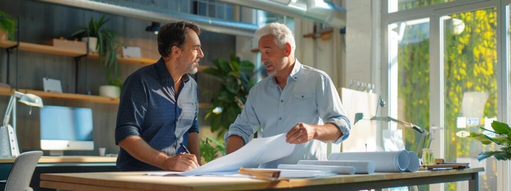 a professional office setting features a confident roofing contractor discussing plans with a client, surrounded by blueprints and materials, conveying trust and expertise in commercial roofing projects.