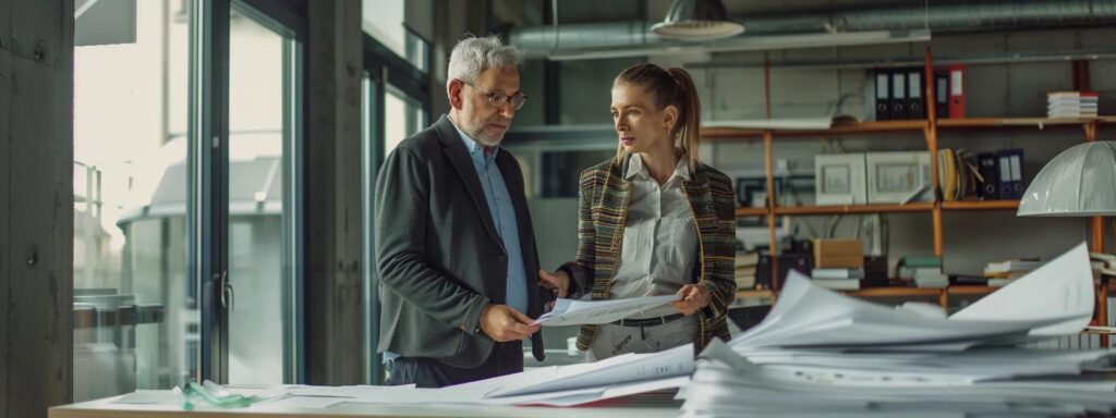 a professional roofing consultant in a modern office setting reviews detailed plans and charts with a client, surrounded by roofing samples and an advanced infrared inspection device, emphasizing a thorough evaluation of energy efficiency and cost-saving strategies.