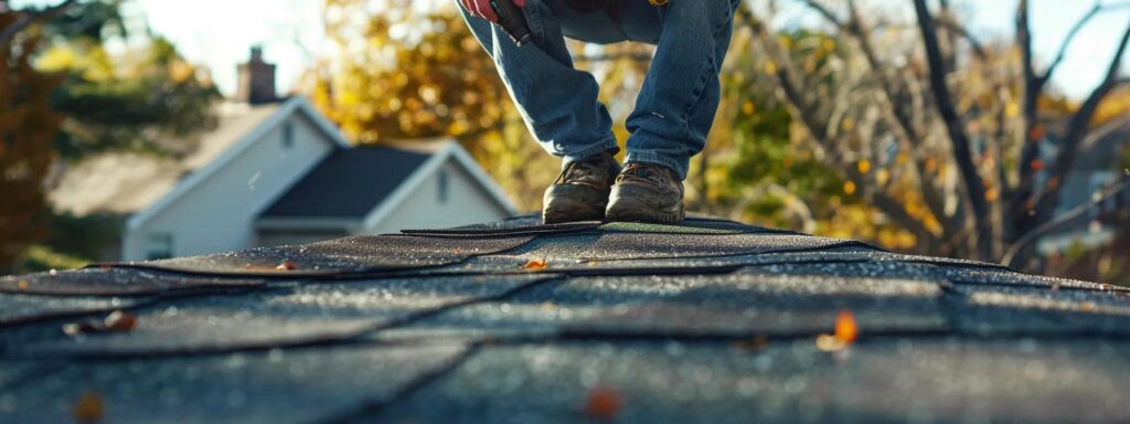 a professional roofing contractor inspects a residential asphalt roof in new jersey, focusing on visible water stains and loose shingles against a backdrop of an urban neighborhood, utilizing a detailed toolkit and clear safety equipment.