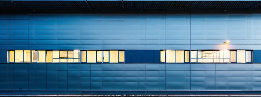 a sleek commercial building with a variety of roofing materials—metal, tile, slate, modified bitumen, and epdm rubber—showcased under bright artificial lighting, emphasizing their reflective qualities and energy-efficient features in an urban industrial setting.