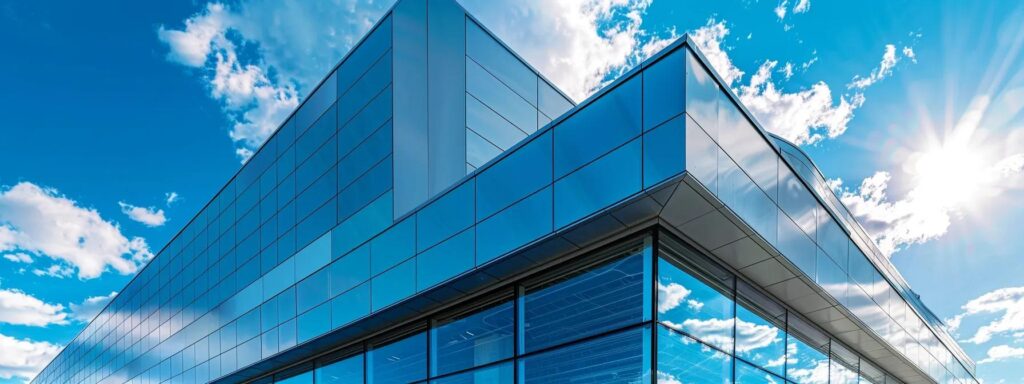 a sleek, modern commercial building features a glistening cool roof with reflective coatings under a bright blue sky, showcasing the innovative technology designed to lower indoor temperatures and reduce energy consumption.
