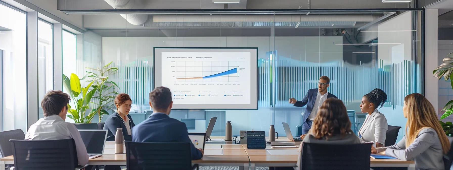 a sleek, modern office interior features an animated presentation on a large screen, highlighting the stark differences in energy costs associated with various roofing materials, with focused professionals engaging in discussion around a stylish conference table.