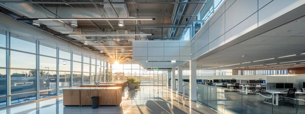 a sleek, modern office space showcases a detailed split view of an efficient hvac system and a meticulously designed roof, highlighting the stark contrast between optimal insulation performance and the chaos of poorly installed roofing.