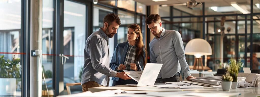 a sleek office environment showcases a team of expert contractors meticulously examining energy-efficient roofing materials and installation blueprints, emphasizing the critical importance of professional installation for maximizing energy savings.