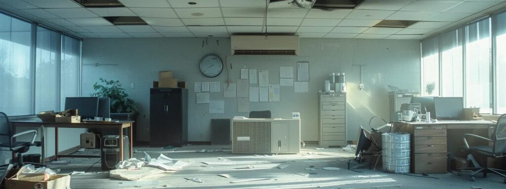 a stark indoor office scene showcases a damaged hvac system struggling to operate, with visible air leakage from a poorly installed roof, while energy consumption meters on the wall indicate soaring usage, emphasizing the urgent impact of construction errors on building efficiency.