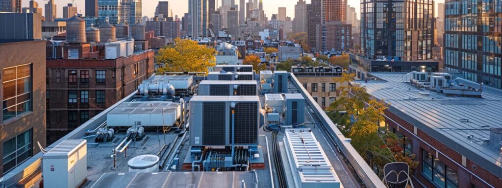 an overhead view of a modern urban rooftop showcases various roofing materials and designs, highlighting areas of heat absorption and thermal bridging, with visible hvac systems indicating energy consumption struggles against a backdrop of a bustling city skyline.
