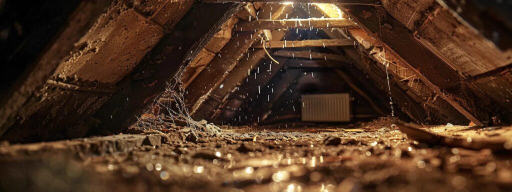 a dimly lit attic reveals the stark contrast between an aging, deteriorating roof and a modern, struggling hvac unit, with droplets of condensation clinging to the rafters, illustrating the hidden costs of poor roofing on energy efficiency.