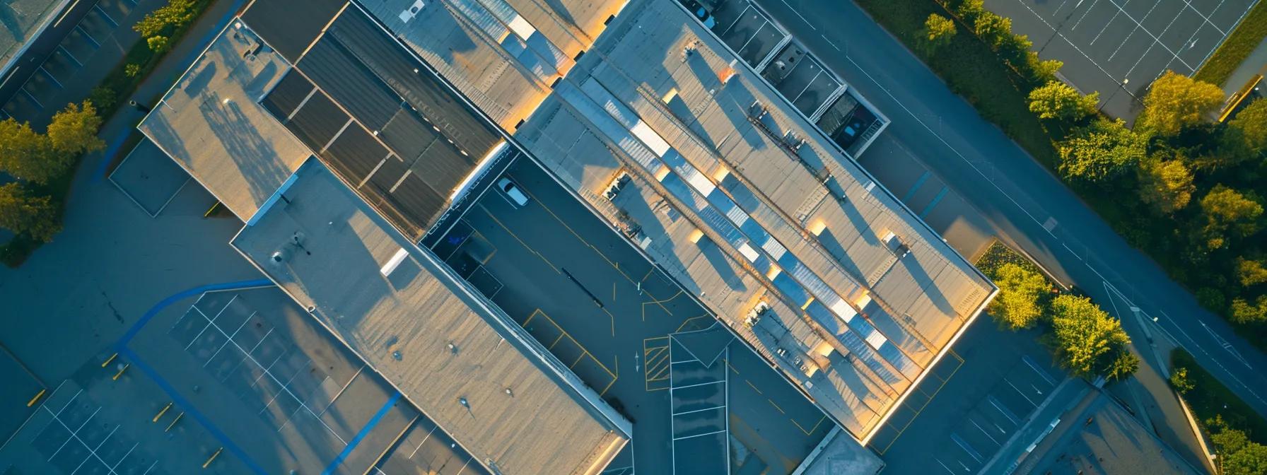 a dramatic overhead view of a commercial building with visible roof damage, including sagging sections and water accumulation, illuminated by stark artificial lighting to highlight the urgency of needed repairs.