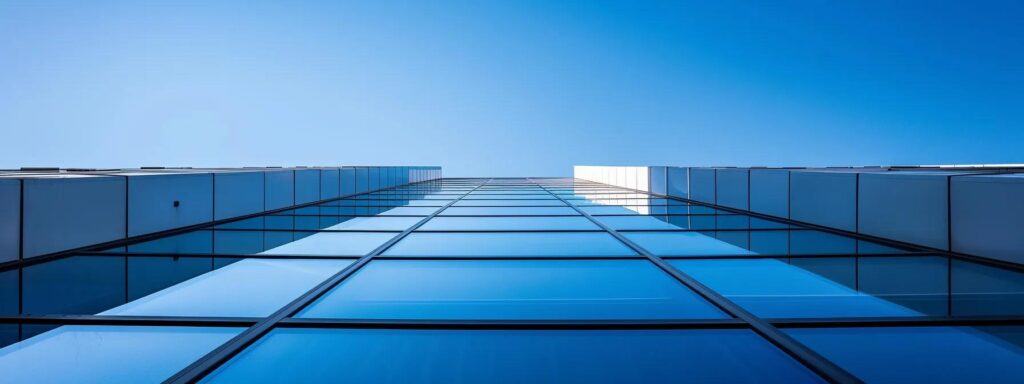 a modern commercial building in northern new jersey showcases a sophisticated roofing system designed to optimize heat retention during winter and reflect solar rays in summer, with a contrasting skyline of office structures under a clear blue sky.