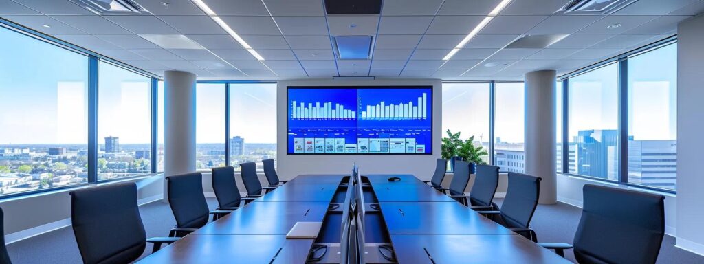 a modern commercial roofing office, showcasing a sleek conference table with detailed energy audit reports and metrics like r-value and solar reflectance displayed on digital screens, illuminated by strategic overhead lighting to emphasize professionalism and technical precision.
