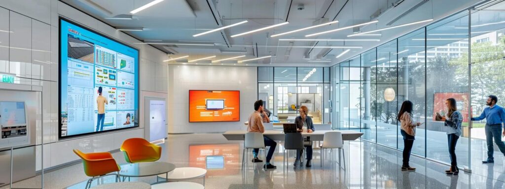 a sleek, modern office space features a attentive business owner engaged in a detailed discussion with a professional roofing consultant, surrounded by energy-efficient roofing samples and digital displays showcasing energy-saving data.